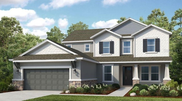 craftsman-style house featuring concrete driveway, a garage, stone siding, and a shingled roof