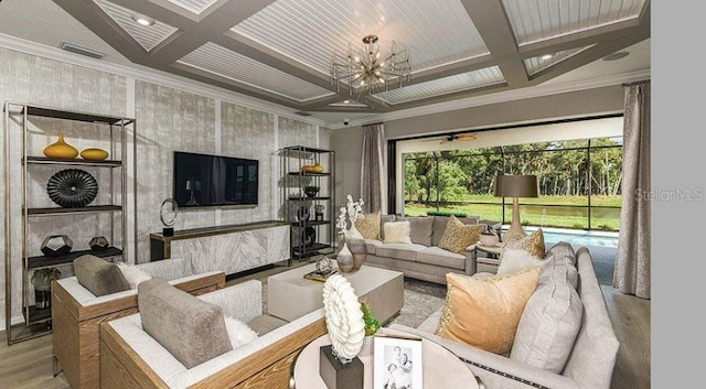 living area featuring a chandelier, a healthy amount of sunlight, coffered ceiling, and wood finished floors