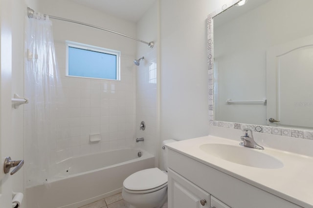 bathroom with vanity, toilet, shower / bath combo, and tile patterned flooring