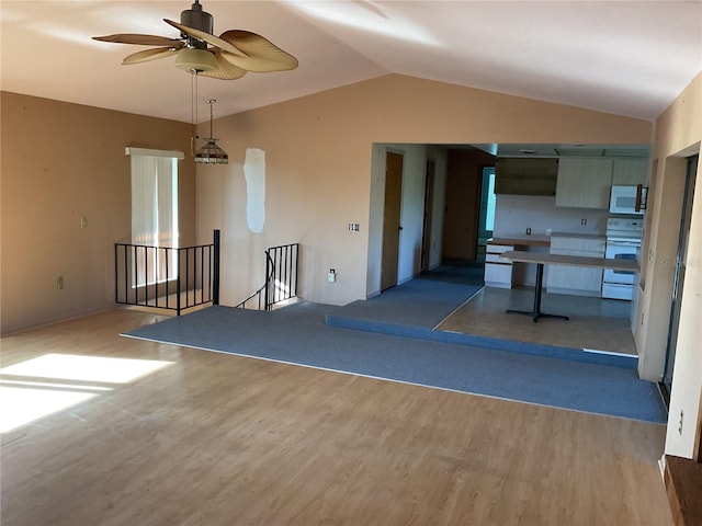 interior space featuring wood finished floors, a ceiling fan, and vaulted ceiling