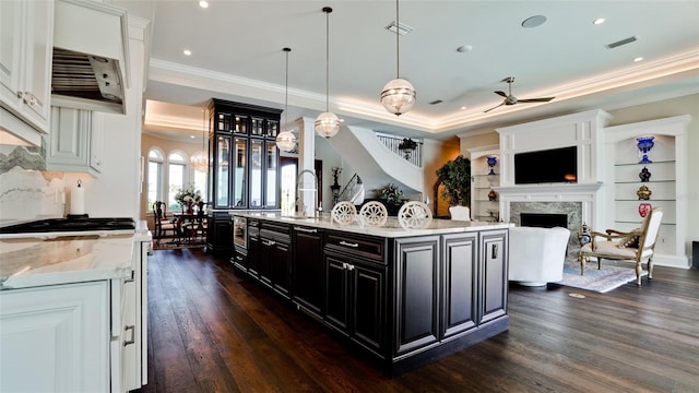 kitchen featuring visible vents, a raised ceiling, dark wood-type flooring, and dark cabinets