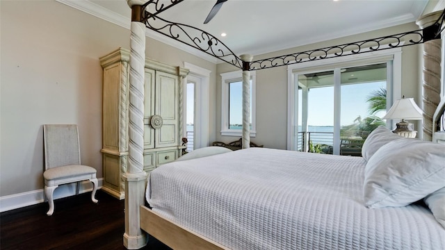 bedroom with access to outside, recessed lighting, crown molding, baseboards, and dark wood-style flooring