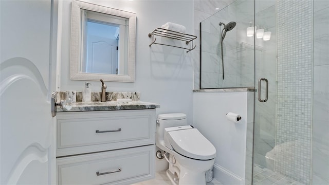 bathroom featuring vanity, toilet, and a shower stall