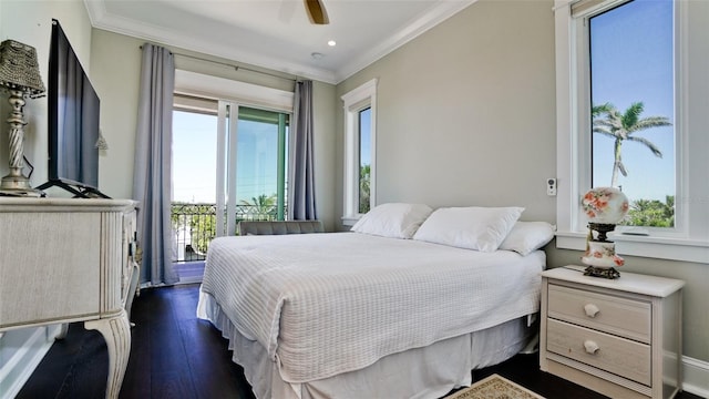 bedroom featuring a ceiling fan, recessed lighting, ornamental molding, dark wood-type flooring, and access to exterior