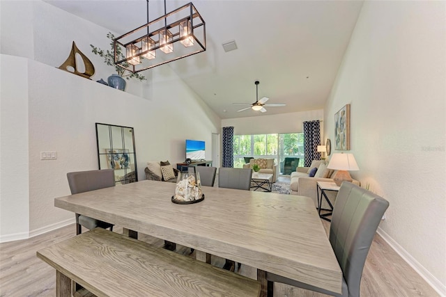 dining room with visible vents, baseboards, high vaulted ceiling, and light wood finished floors