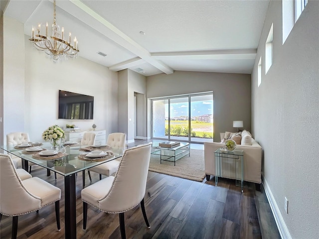 dining area featuring baseboards, visible vents, an inviting chandelier, lofted ceiling with beams, and dark wood-type flooring