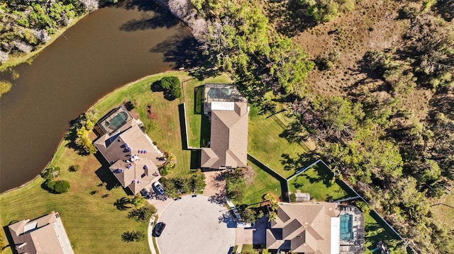 bird's eye view with a water view