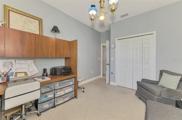 office space featuring light carpet, visible vents, baseboards, and a chandelier