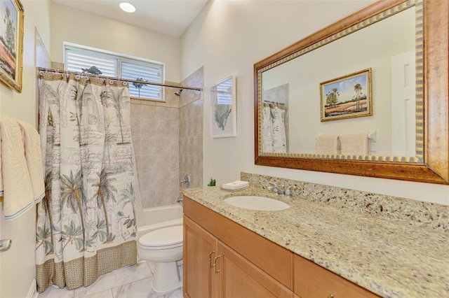 bathroom with toilet, shower / tub combo with curtain, and vanity