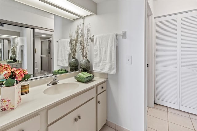 bathroom featuring tile patterned flooring, a shower stall, toilet, a closet, and vanity