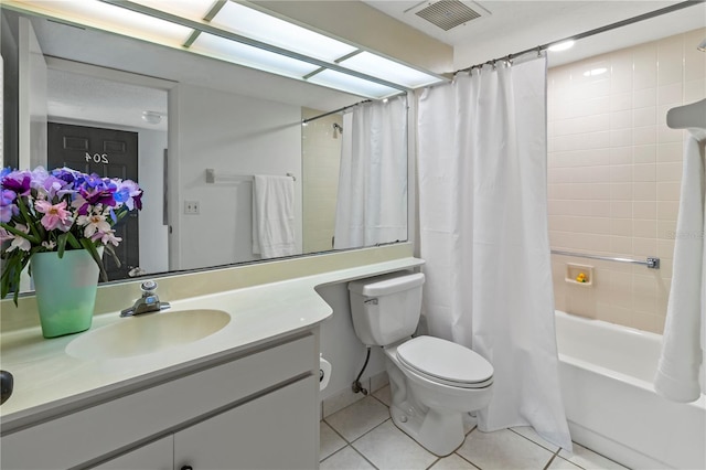 full bathroom with visible vents, toilet, shower / tub combo with curtain, and tile patterned flooring