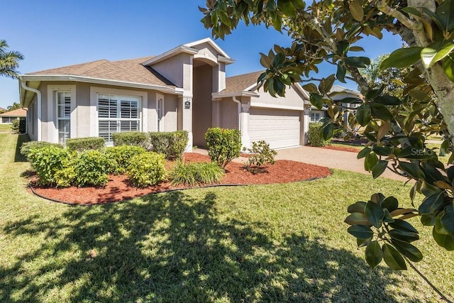 ranch-style house with driveway, an attached garage, a shingled roof, stucco siding, and a front lawn