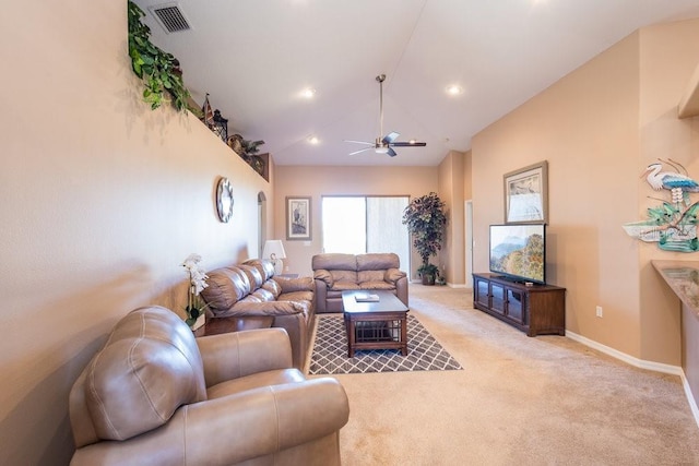 carpeted living area featuring visible vents, lofted ceiling, a ceiling fan, recessed lighting, and baseboards