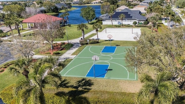 view of sport court with a gazebo, a yard, a residential view, and community basketball court