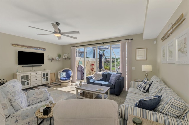 living room featuring a ceiling fan