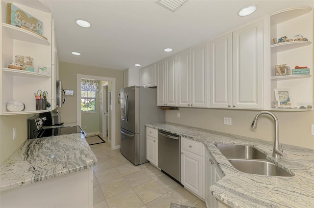 kitchen with a sink, open shelves, white cabinetry, and stainless steel appliances