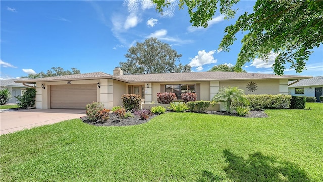 ranch-style house featuring an attached garage, a front lawn, stucco siding, a chimney, and driveway