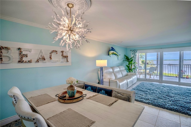 unfurnished dining area featuring tile patterned flooring, crown molding, and a chandelier