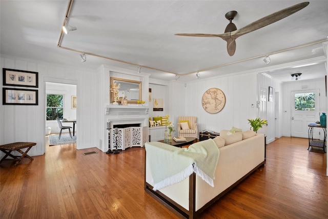 living room with a healthy amount of sunlight, a fireplace, a ceiling fan, and wood finished floors