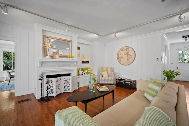 living room with wood finished floors, visible vents, a fireplace, ornamental molding, and track lighting