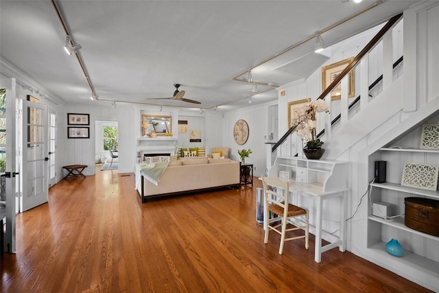 living area featuring a ceiling fan, track lighting, wood finished floors, and a fireplace