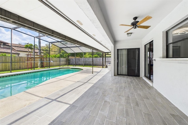 1776 E Cheryl Dr, Winter Park, FL 32792 - view of pool featuring ceiling fan, a patio, a fenced backyard, and a lanai