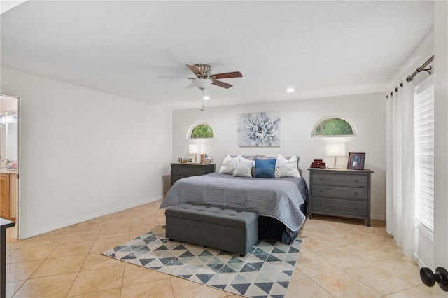 bedroom with recessed lighting, light tile patterned floors, a ceiling fan, and baseboards