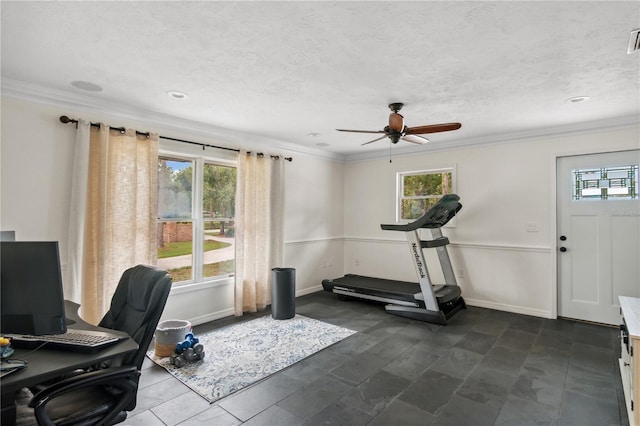 workout area with baseboards, a ceiling fan, crown molding, and a textured ceiling