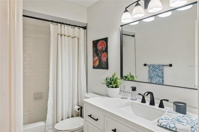 bathroom featuring toilet, vanity, and shower / bathtub combination with curtain