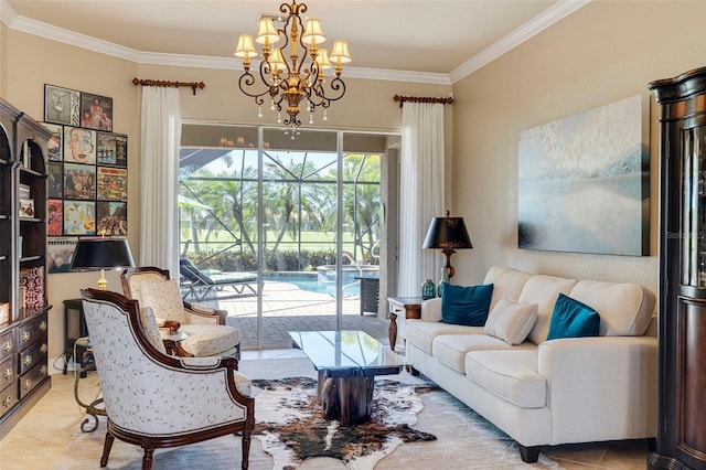 tiled living area with crown molding and an inviting chandelier