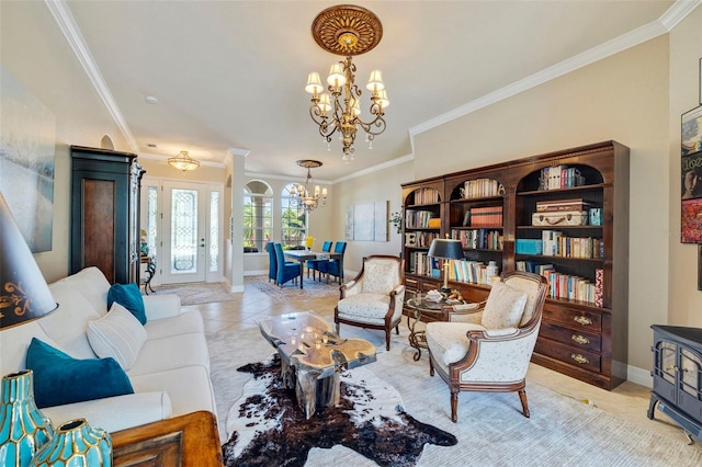 living area with an inviting chandelier, crown molding, and baseboards
