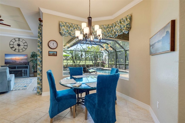 tiled dining area with baseboards, a sunroom, ornamental molding, and ceiling fan with notable chandelier