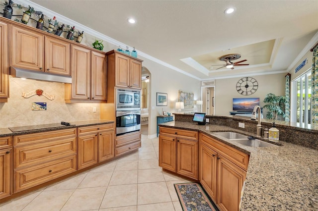 kitchen featuring under cabinet range hood, a sink, crown molding, and appliances with stainless steel finishes