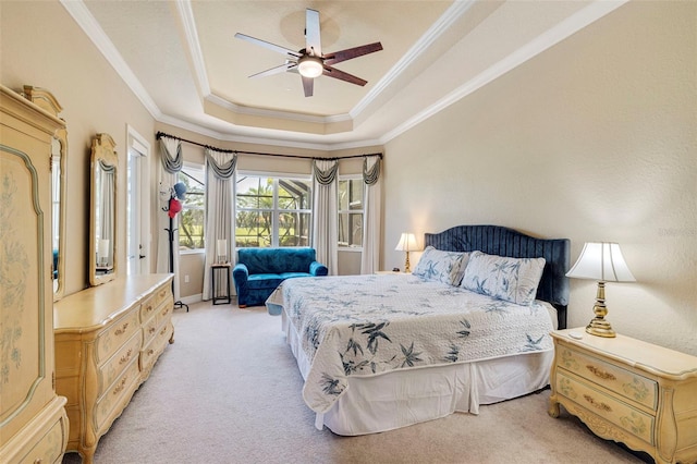 bedroom featuring radiator, crown molding, light colored carpet, access to outside, and a raised ceiling
