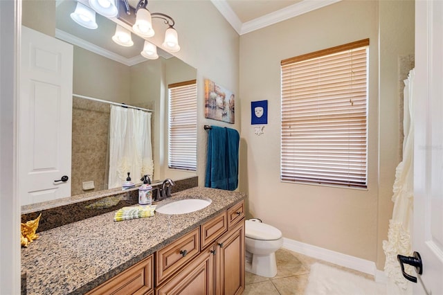 bathroom featuring tile patterned floors, toilet, vanity, baseboards, and ornamental molding
