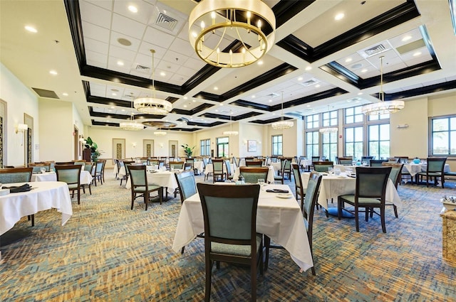 carpeted dining space with visible vents, an inviting chandelier, coffered ceiling, and beam ceiling