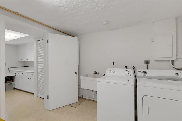 3140 Village Green Dr Unit 1119, Sarasota, FL 34239 - clothes washing area with electric panel, a sink, a textured ceiling, washing machine and clothes dryer, and light floors