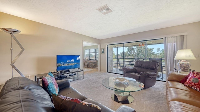 5630 Golf Pointe Dr Unit 205, Sarasota, FL 34243 - carpeted living room with visible vents and a textured ceiling