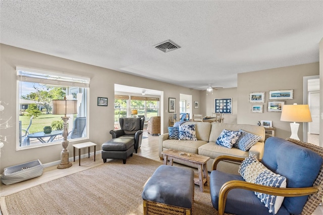 7122 11th Ave W, Bradenton, FL 34209 - living room featuring visible vents, a textured ceiling, ceiling fan, and wood finished floors
