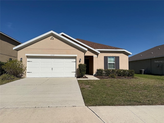 single story home featuring concrete driveway, a garage, a front lawn, and stucco siding