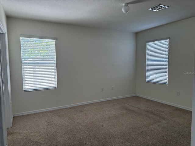 carpeted spare room featuring a wealth of natural light, visible vents, a textured ceiling, and baseboards
