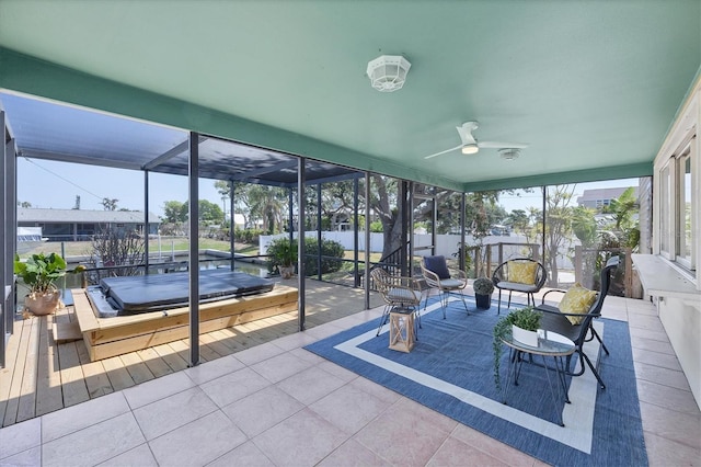 4406 17th St W, Palmetto, FL 34221 - unfurnished sunroom featuring a jacuzzi and ceiling fan