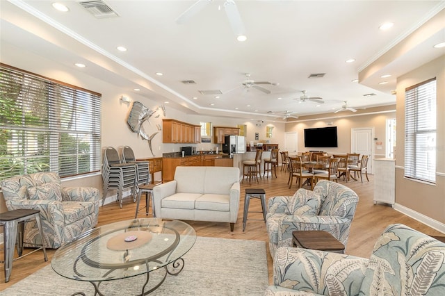 615 Riviera Dunes Way Unit 208, Palmetto, FL 34221 - living room with ceiling fan, ornamental molding, recessed lighting, and light wood-style flooring
