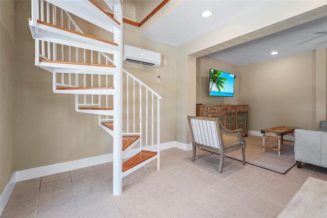 111 Faubel St, Sarasota, FL 34242 - interior space featuring stairway, recessed lighting, baseboards, tile patterned floors, and a wall mounted air conditioner
