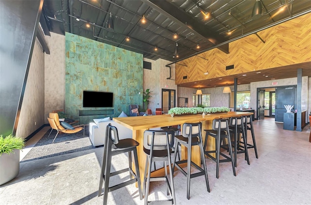 kitchen with a tile fireplace