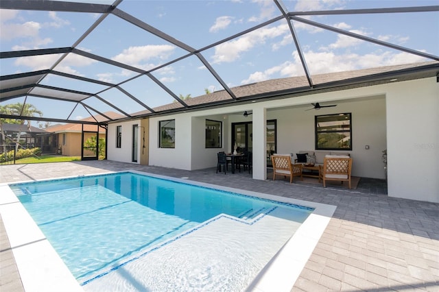 1815 SW 15th Pl, Cape Coral, FL 33991 - swimming pool with outdoor lounge area, a patio area, ceiling fan, and a lanai