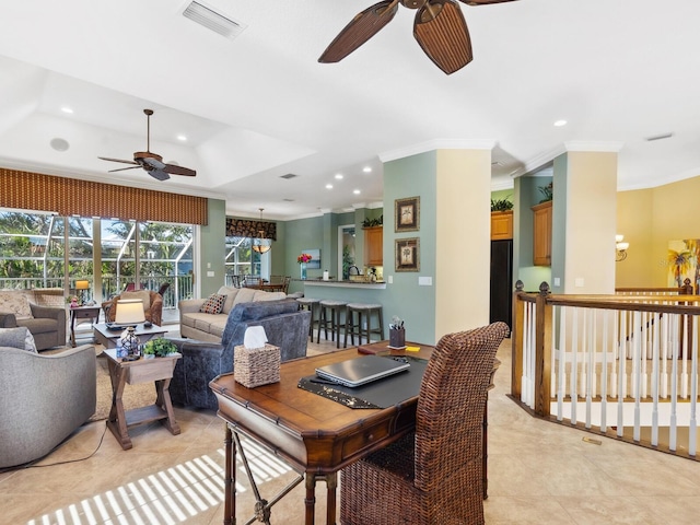 dining room with a ceiling fan, recessed lighting, and visible vents