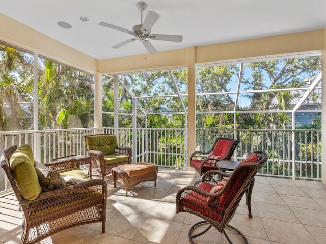 sunroom / solarium with an outdoor hangout area and a ceiling fan