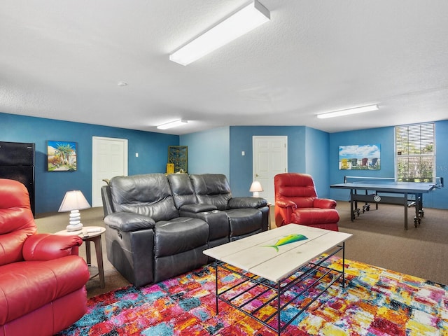carpeted living area with a textured ceiling