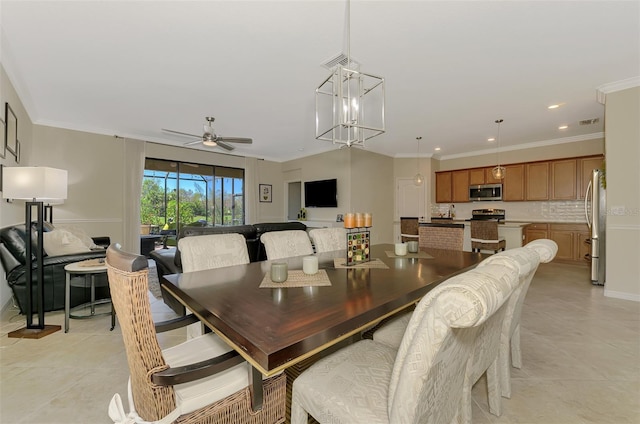 dining room featuring visible vents, crown molding, ceiling fan, and recessed lighting